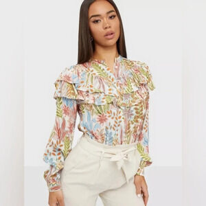 YAS Womens Floral Ruffle Long Sleeve Blouse Multicolor Size S NWT